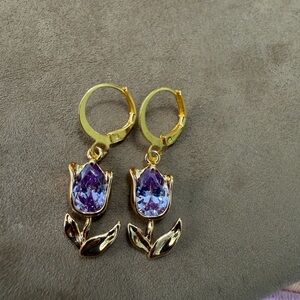 NEW Handmade Gold Tulip Drop Earrings with Purple Crystal